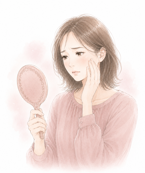 鏡を見て悩む女性