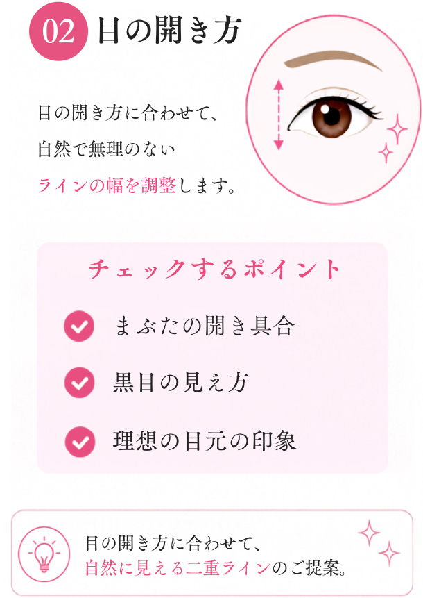 02 目の開き方。目の開き方に合わせて、自然で無理のないラインの幅を調整します。チェックするポイント:まぶたの開き具合、黒目の見え方、理想の目元の印象。目の開き方に合わせて、自然に見える二重ラインのご提案。