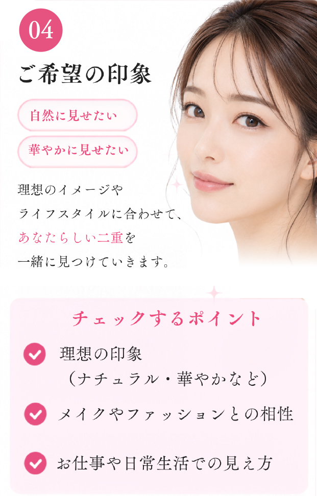 04 ご希望の印象。自然に見せたい、華やかに見せたい。理想のイメージやライフスタイルに合わせて、あなたらしい二重を一緒に見つけていきます。チェックするポイント:理想の印象(ナチュラル・華やかなど)、メイクやファッションとの相性、お仕事や日常生活での見え方。